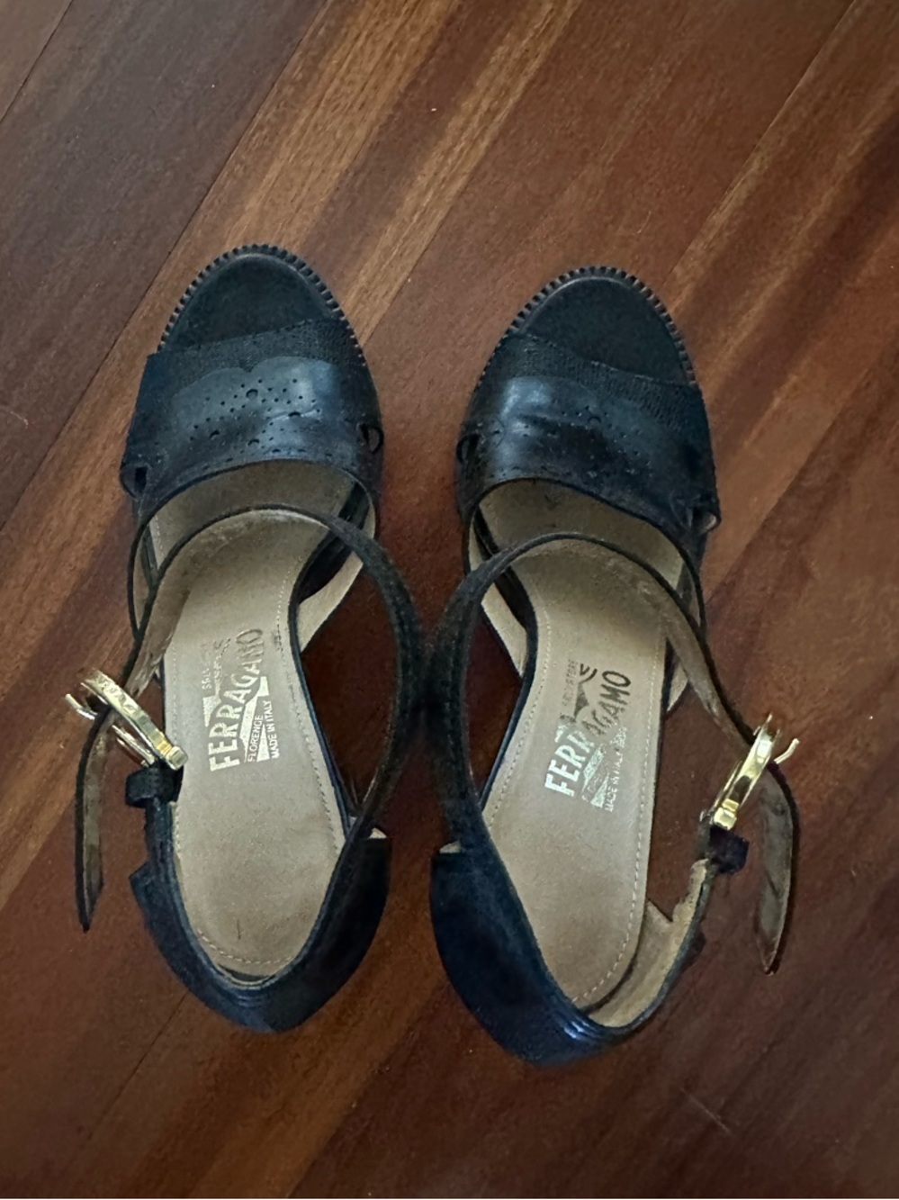 Salvatore Ferragamo Black Suede Peep-Toe Slingback Heels with Gold Buckles
